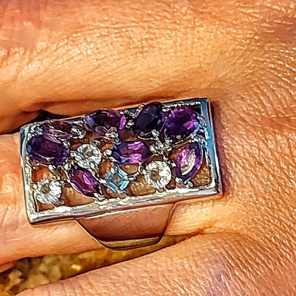 Natural Amethyst,  Aquamarine & Swiss Blue Topaz 925 Sterling Silver Ring 7.5 - Picture 12 of 12
